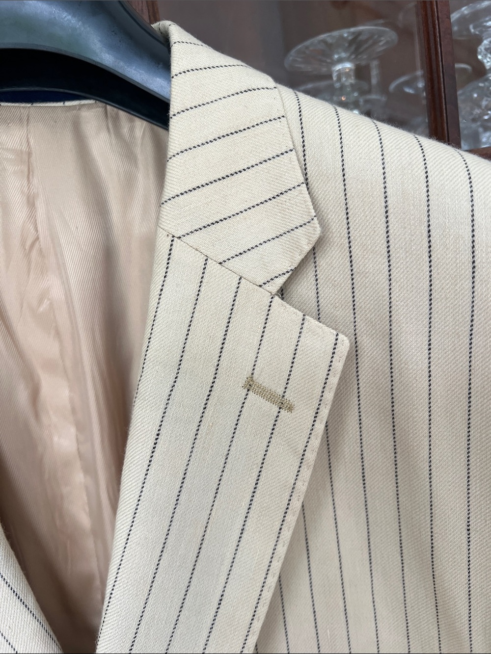 Wool & Linen Beige Woven Italian Fabric, Pinstripe Sport Coat